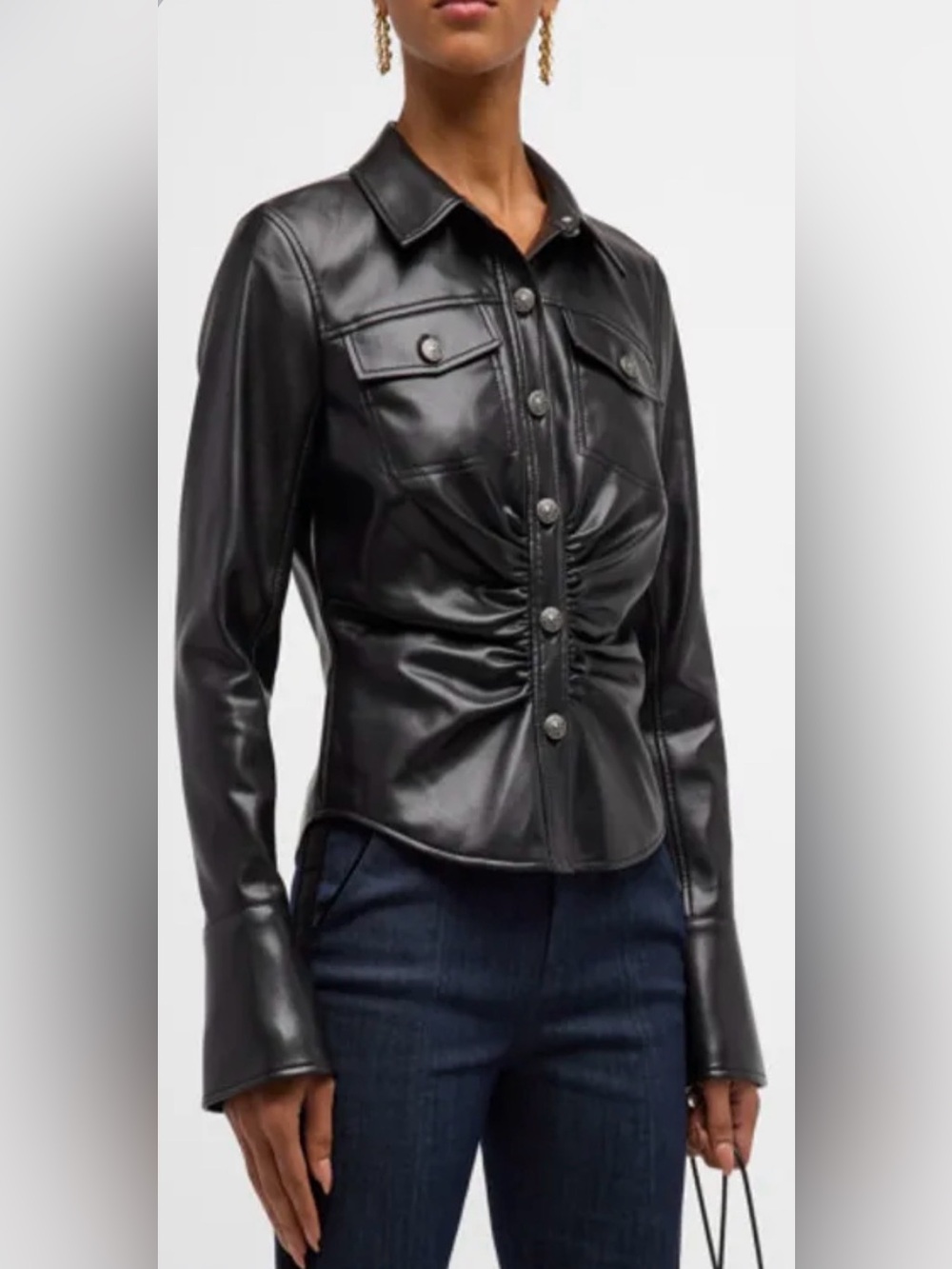 NEW Cinq à Sept Alizee Gathered Vegan Leather Button-Front Top Medium